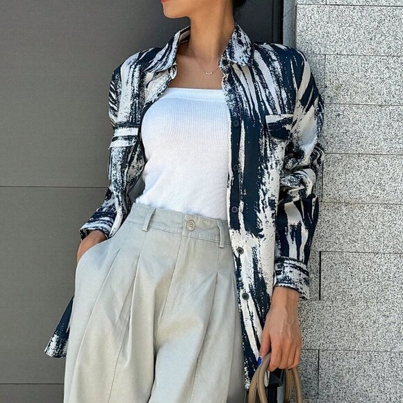 Royal Blue Casual Women's Random Print Loose Long Sleeve Shirt - Picture 3 of 8